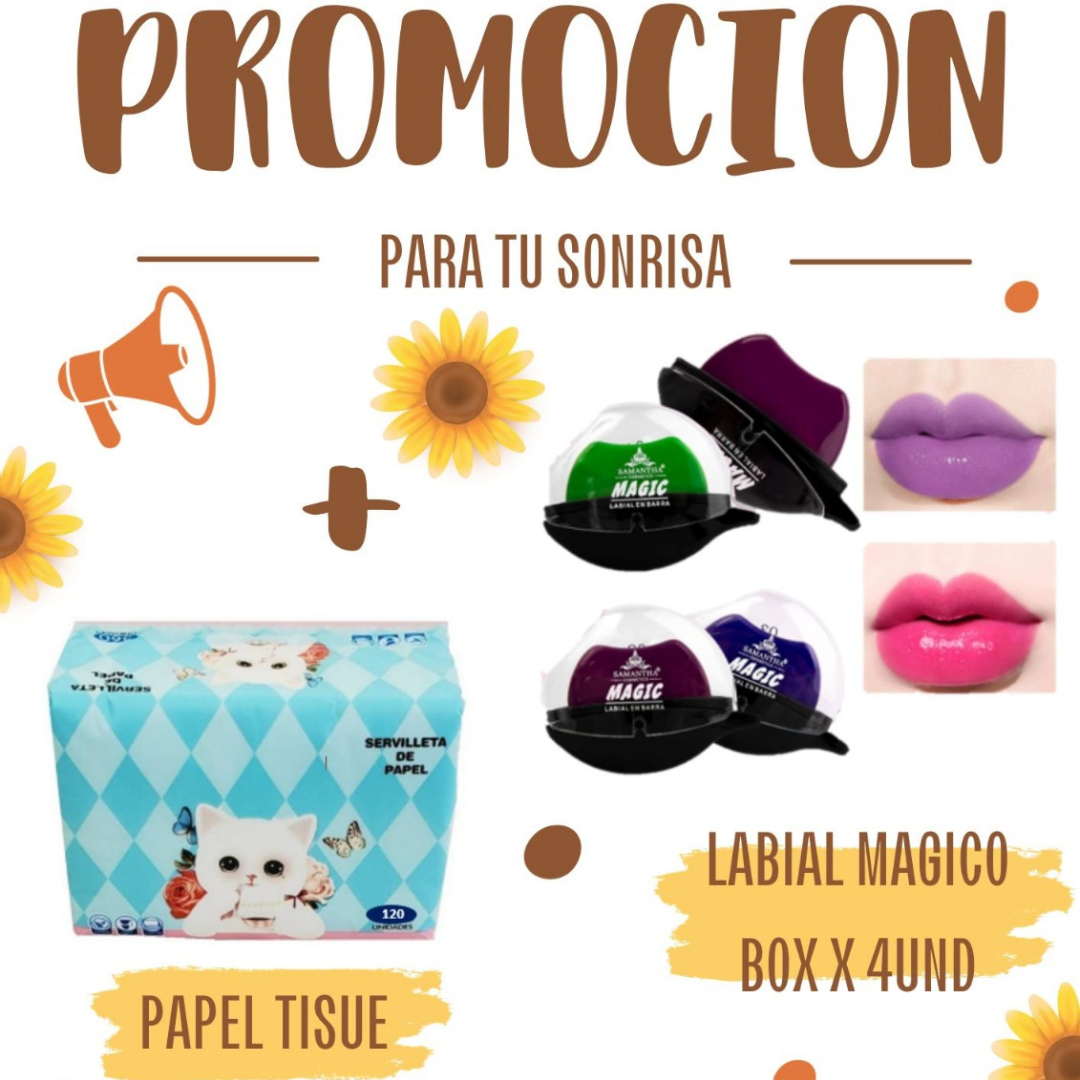 LABIAL MAGICO🌈 BOX DE 4 UNIDADES + PAPEL TISUE